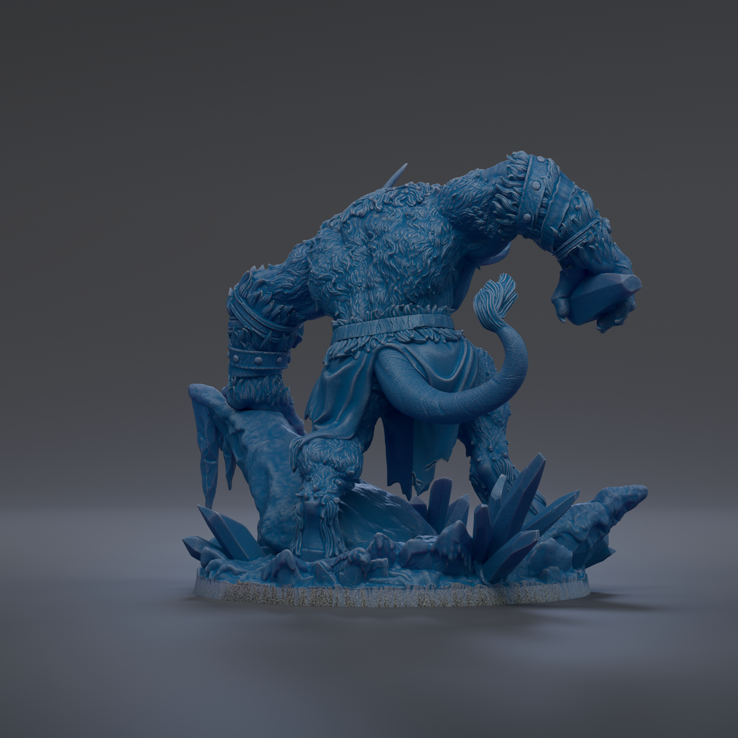 A 3D rendering of a blue, furry monster-like creature with a large head and a long tail, standing on a rocky base and appearing to be in motion.
