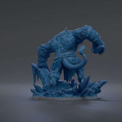 A 3D rendering of a blue, furry monster-like creature with a large head and a long tail, standing on a rocky base and appearing to be in motion.