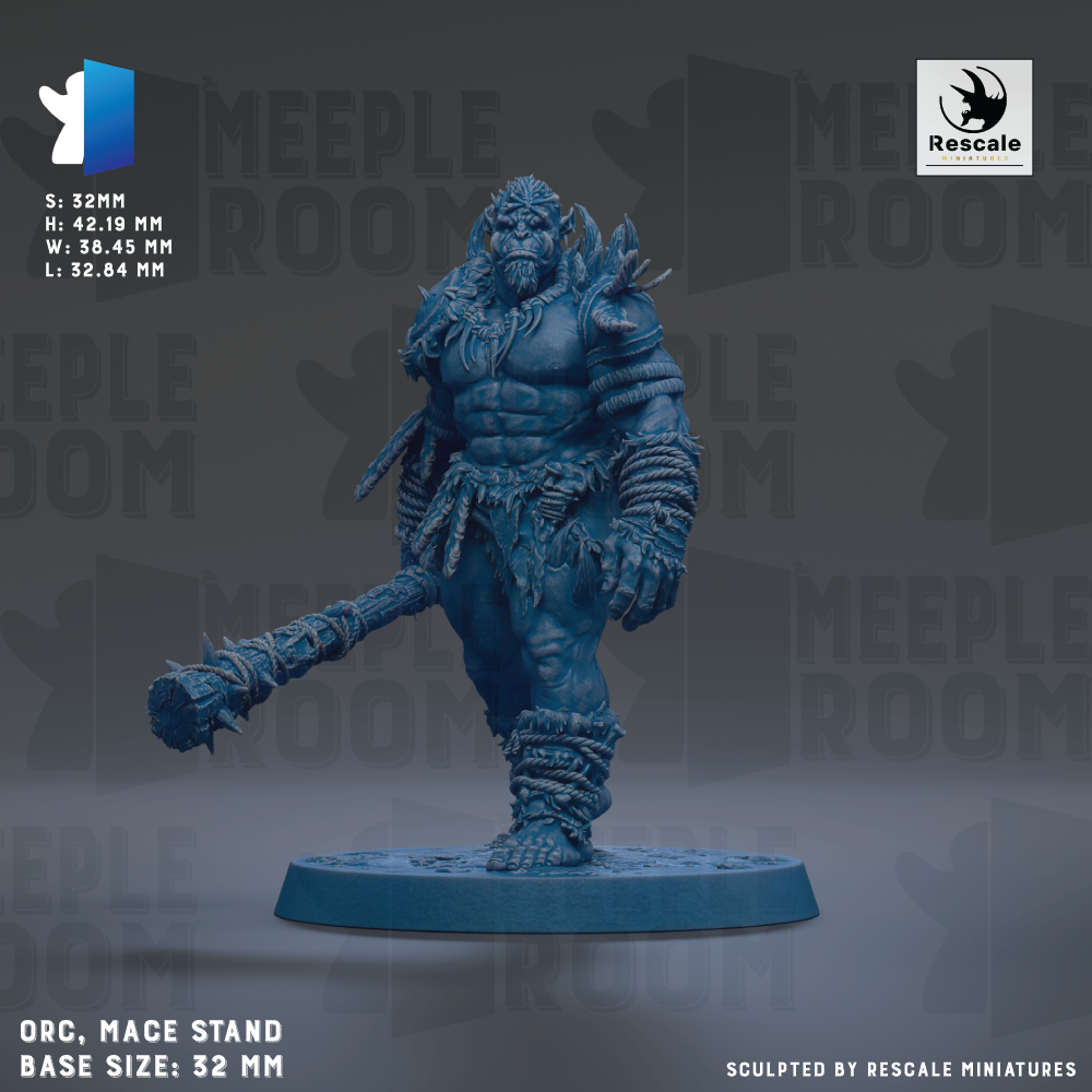a detailed, blue-colored figurine of a muscular, battle-ready figure standing on a blue base. The figurine is holding a large weapon, suggesting it is a warrior or warrior-like character. The image is described as a "Mae Stand" and "Base Size: 32mm", indicating that it is a miniature model of a warrior. The image is a collage of multiple images, and it is described as being "sculpted by Rescue Miniatures".