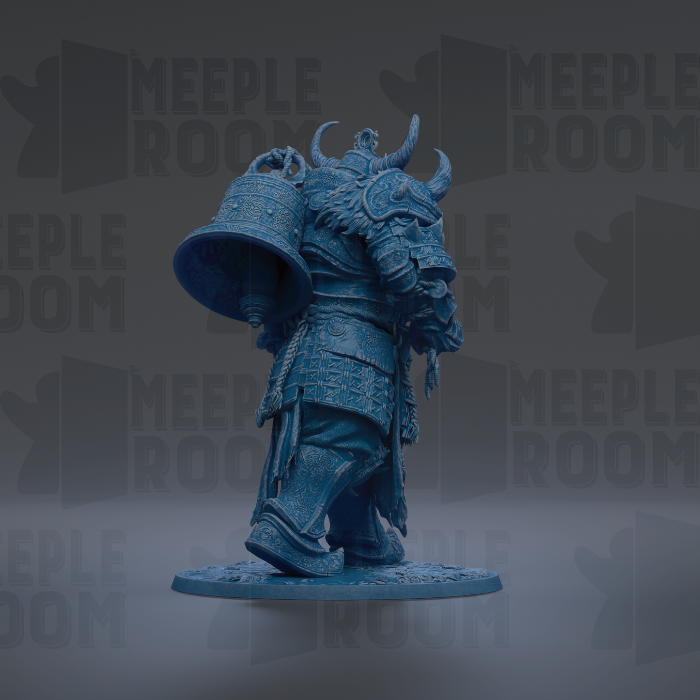 A blue statue of a dragon-like creature with horns and a bell, standing on a platform.