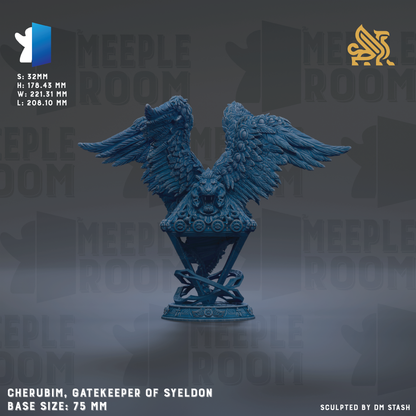 a detailed blue statue of a gatekeeper with wings, standing on a pedestal. The statue is described as a "CHERUBIM, GATEKEEPER OF SYELDON" and has a base size of 75 mm.
