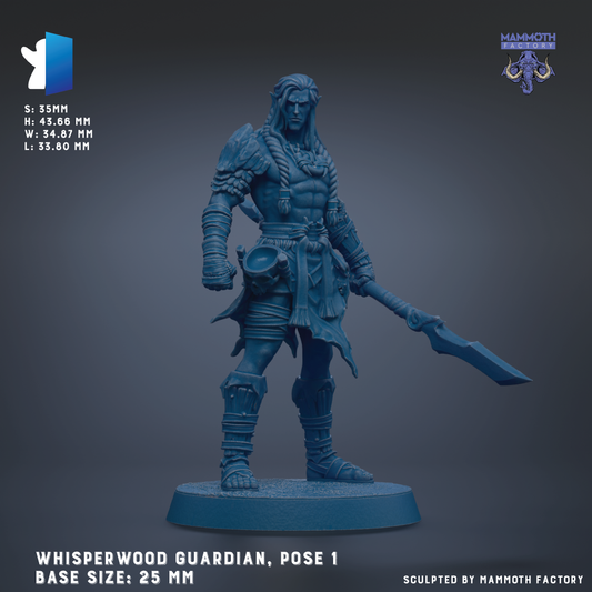 A blue, 3D-rendered statue of a warrior figure, likely a Whisperwood Guardian, posed in a dynamic stance with a sword in hand. The statue is described as a 25 mm base size and is sculpted by the Mammoth Factory.
