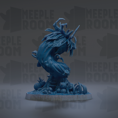 A blue, 3D-rendered sculpture of a fantastical creature with a large head and long, curved body, surrounded by various organic elements.