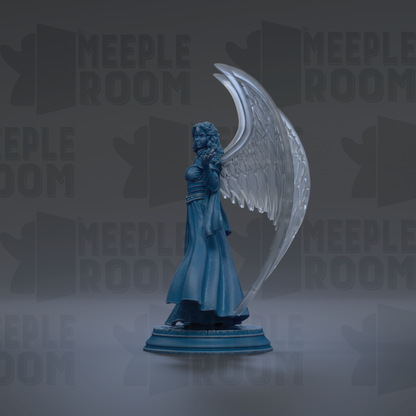 A blue statue of a winged figure with a flowing dress stands on a pedestal against a dark background with repeated text.