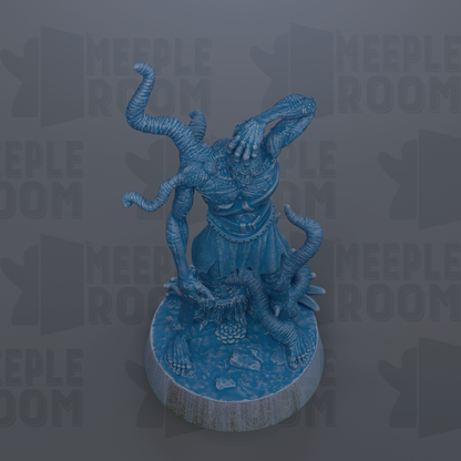 A blue, fantastical creature with multiple arms and legs is depicted in the center of the image, standing on a circular base.