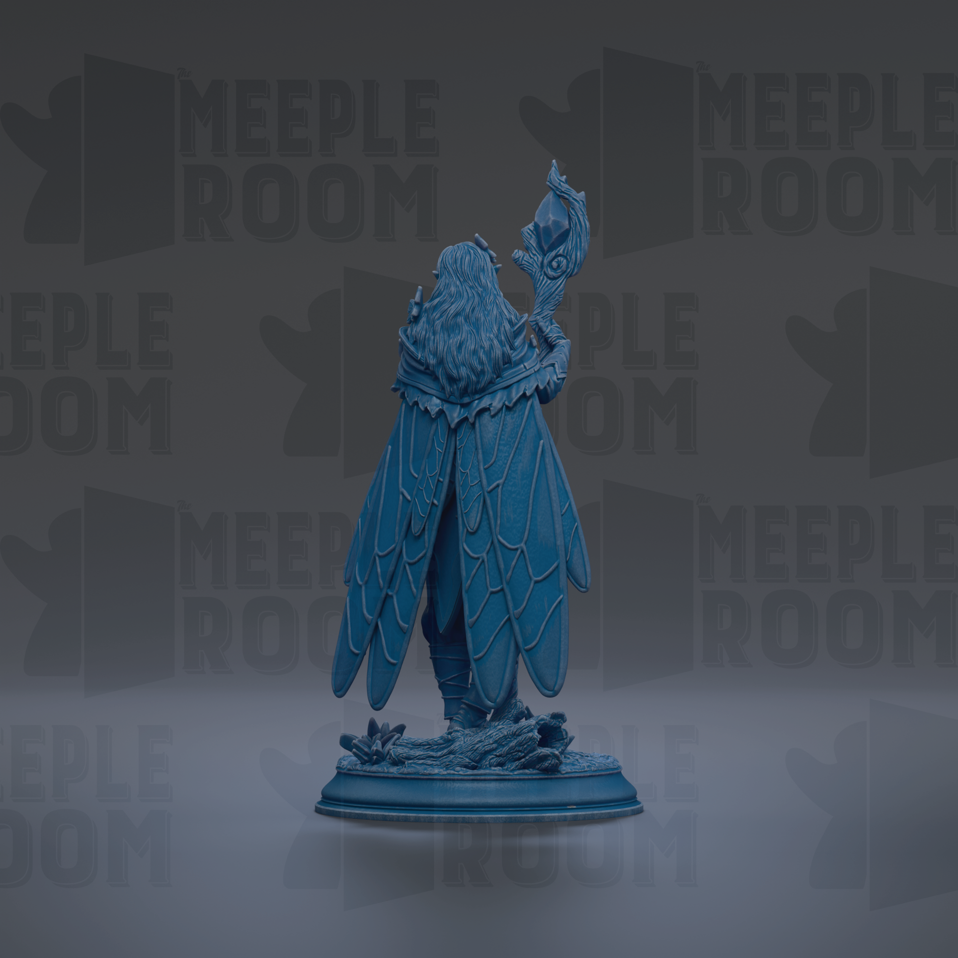 A blue figurine of a winged figure holding a staff, standing on a base, against a dark background with repeated text.