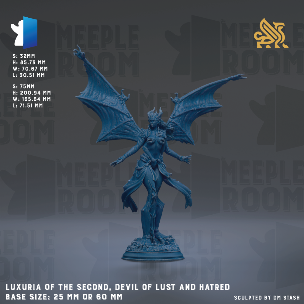 a blue figurine of a winged, winged creature with a human-like body, standing on a pedestal. The figurine appears to be a sculpture of a devil or witch, with wings and a flowing robe. The figurine is described as a "LUXURIA OF THE SECOND, DEVIL OF LUST AND HATED" and is shown in various sizes, ranging from 25mm to 60mm. The image is a collage of multiple images, and the base size is either 25mm or 60mm. The sculpture is described as being "Sculpted by DM Stash".