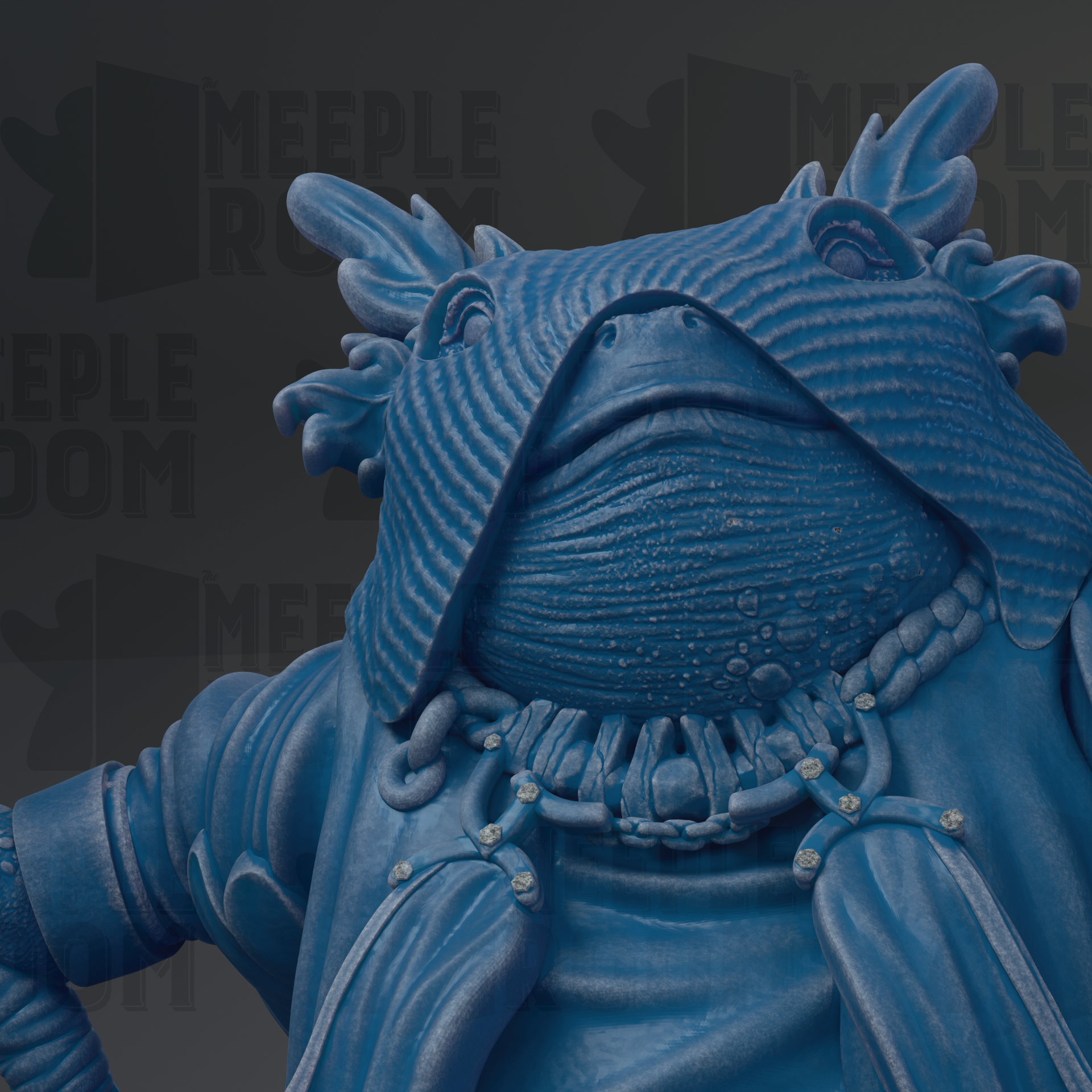 A close-up view of a blue, textured statue of a creature with large eyes and a distinctive head shape.