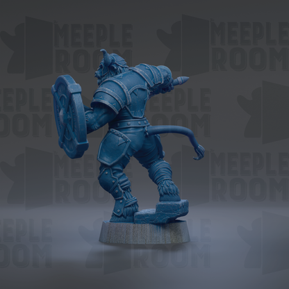 A blue, armored warrior figure stands on a pedestal against a dark background with repeated text.