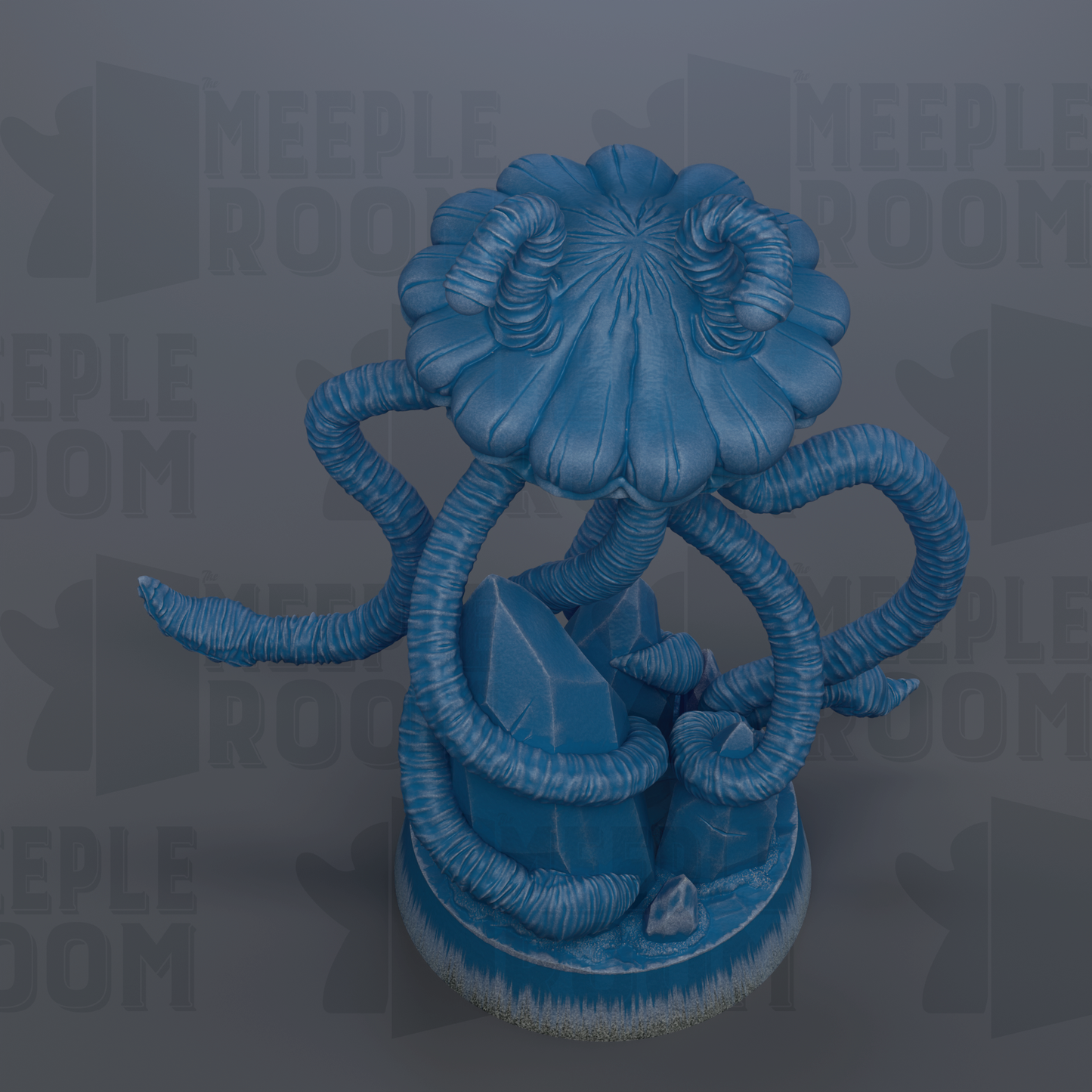 A blue, abstract sculpture resembling a flower or plant with long, curving stems and leaves.