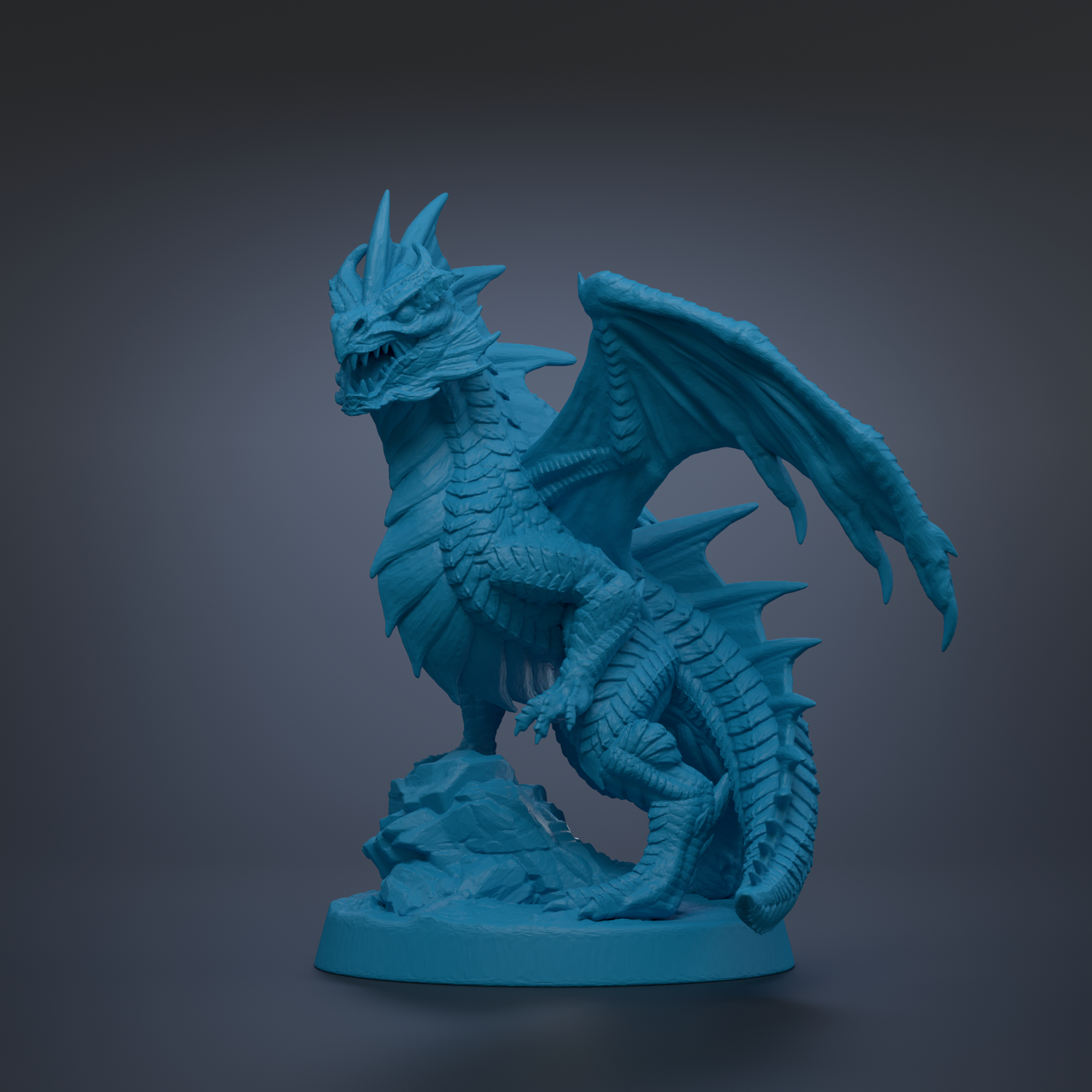 A blue dragon figurine is depicted in a dynamic pose, with its wings spread wide and its mouth open, against a dark background.