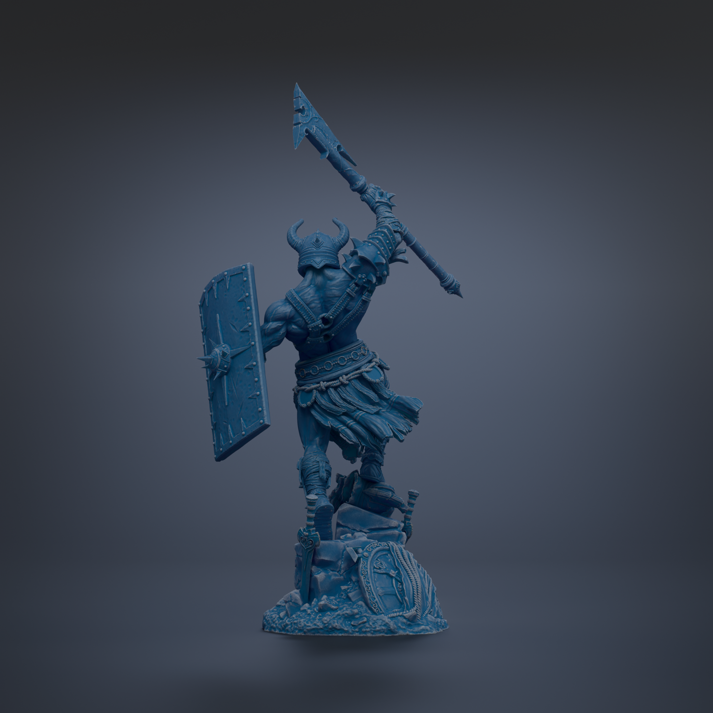 A blue warrior statue with a shield and sword, standing on a rock and holding a spear.