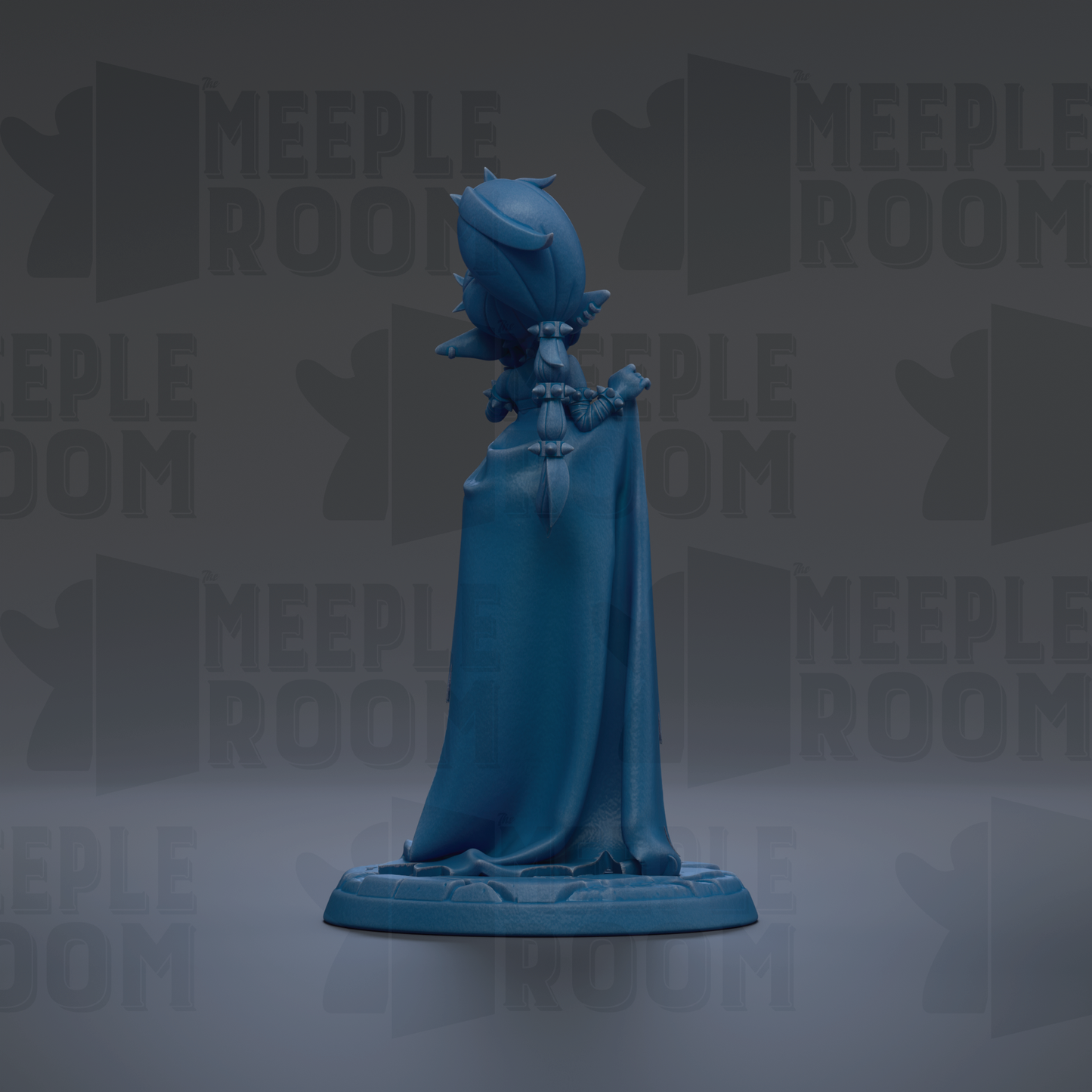 A blue figurine of a person with horns and a long flowing robe stands on a base against a dark background with repeated text.