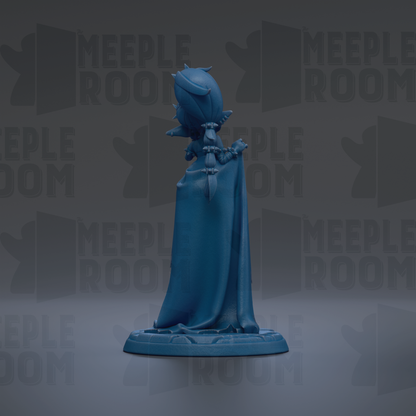 A blue figurine of a person with horns and a long flowing robe stands on a base against a dark background with repeated text.
