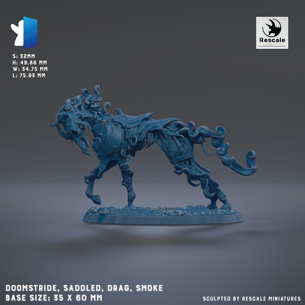 a 3D printed model of a blue dragon-like creature with intricate, organic shapes and patterns. The dragon appears to be a sculpted figure, possibly a fantasy or science fiction character. The base size of the model is 35 x 60 mm, and it is described as a "DOOMSTRIDE, SADDLE, DRAG, SMOKE" based on its appearance. The image is not a collage of multiple images, but a single, detailed 3D printed model.
