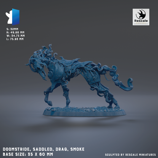 a 3D printed model of a blue dragon-like creature with intricate, organic shapes and patterns. The dragon appears to be a sculpted figure, possibly a fantasy or science fiction character. The base size of the model is 35 x 60 mm, and it is described as a "DOOMSTRIDE, SADDLE, DRAG, SMOKE" based on its appearance. The image is not a collage of multiple images, but a single, detailed 3D printed model.