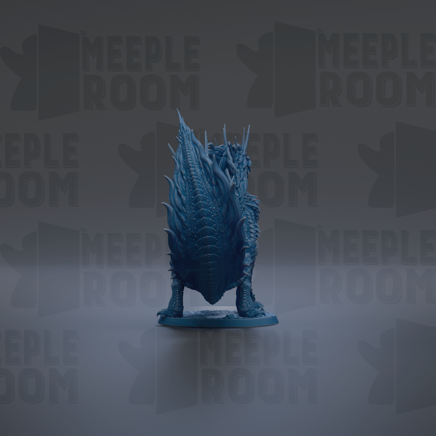 A blue, spiky figurine of a creature with sharp spikes is shown against a dark background with repeated text.