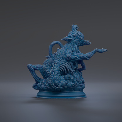 A 3D rendering of a blue, fantastical creature with intricate, organic-looking features, such as a large head, long neck, and a tail.