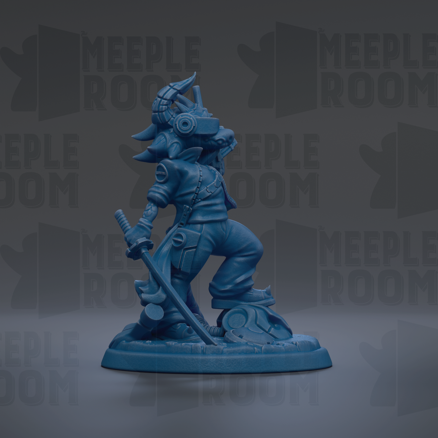 A blue figurine of a character with horns and a sword, standing on a base.