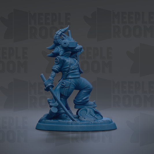 A blue figurine of a character with horns and a sword, standing on a base.