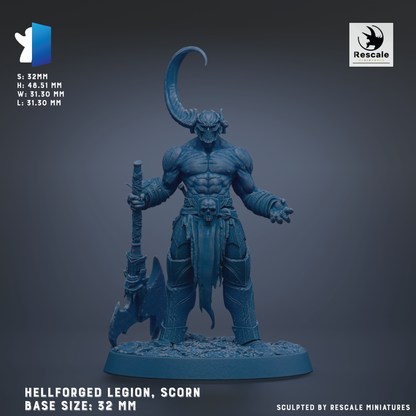 a Hellforged Legion, a type of mythical creature, standing on a base. The creature is shown in a detailed, sculpted pose, holding a large weapon and wearing a distinctive headdress. The base size of the figure is 32 mm.
