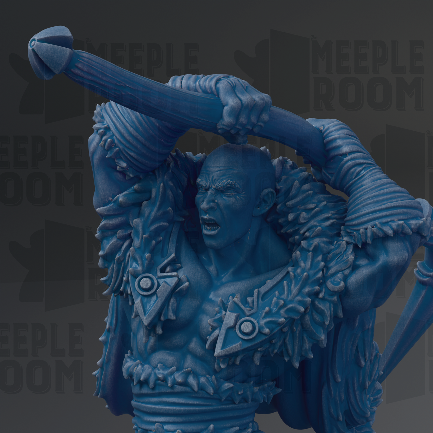 A close-up of a blue, sculpted figure with a fierce expression, holding a weapon and appearing to be in a fighting stance.