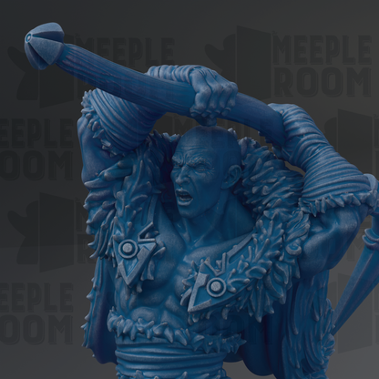 A close-up of a blue, sculpted figure with a fierce expression, holding a weapon and appearing to be in a fighting stance.