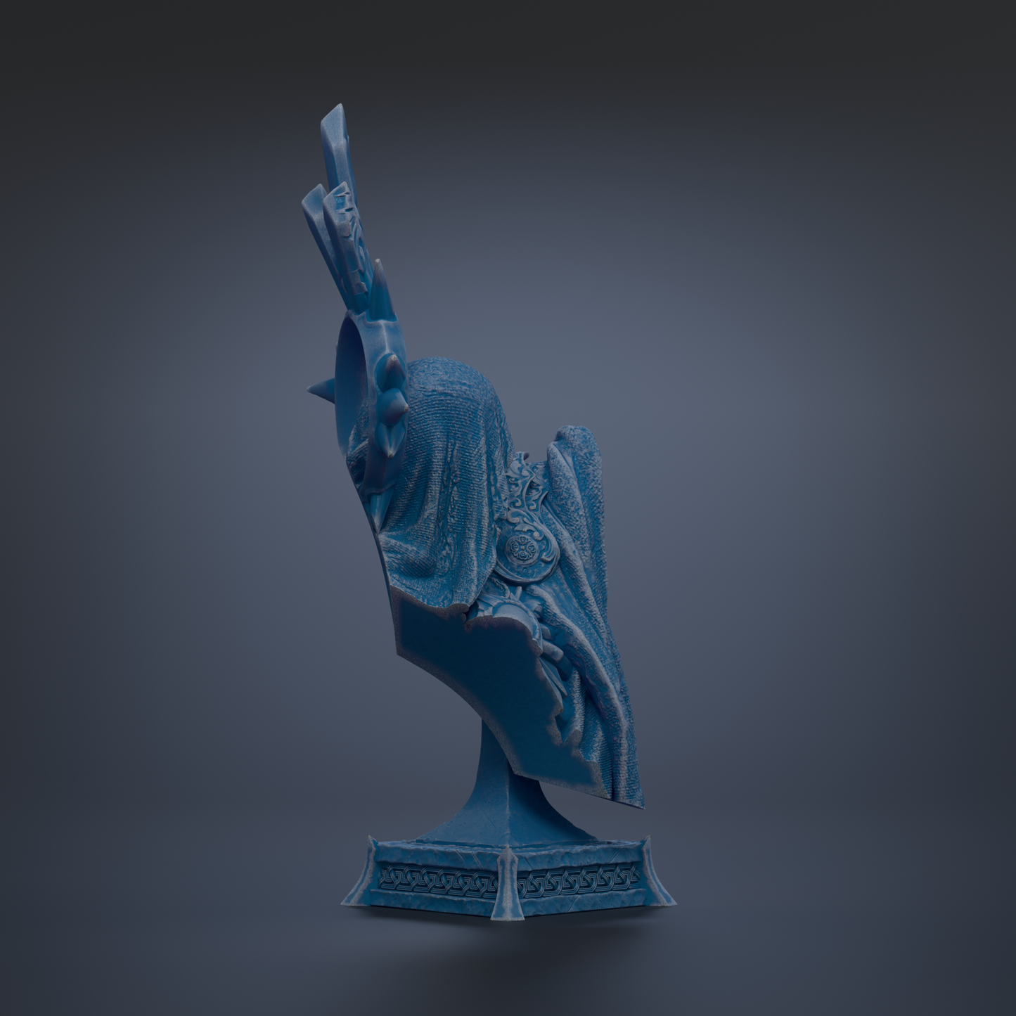 A blue, abstract sculpture with a textured, organic shape stands on a pedestal against a dark background.