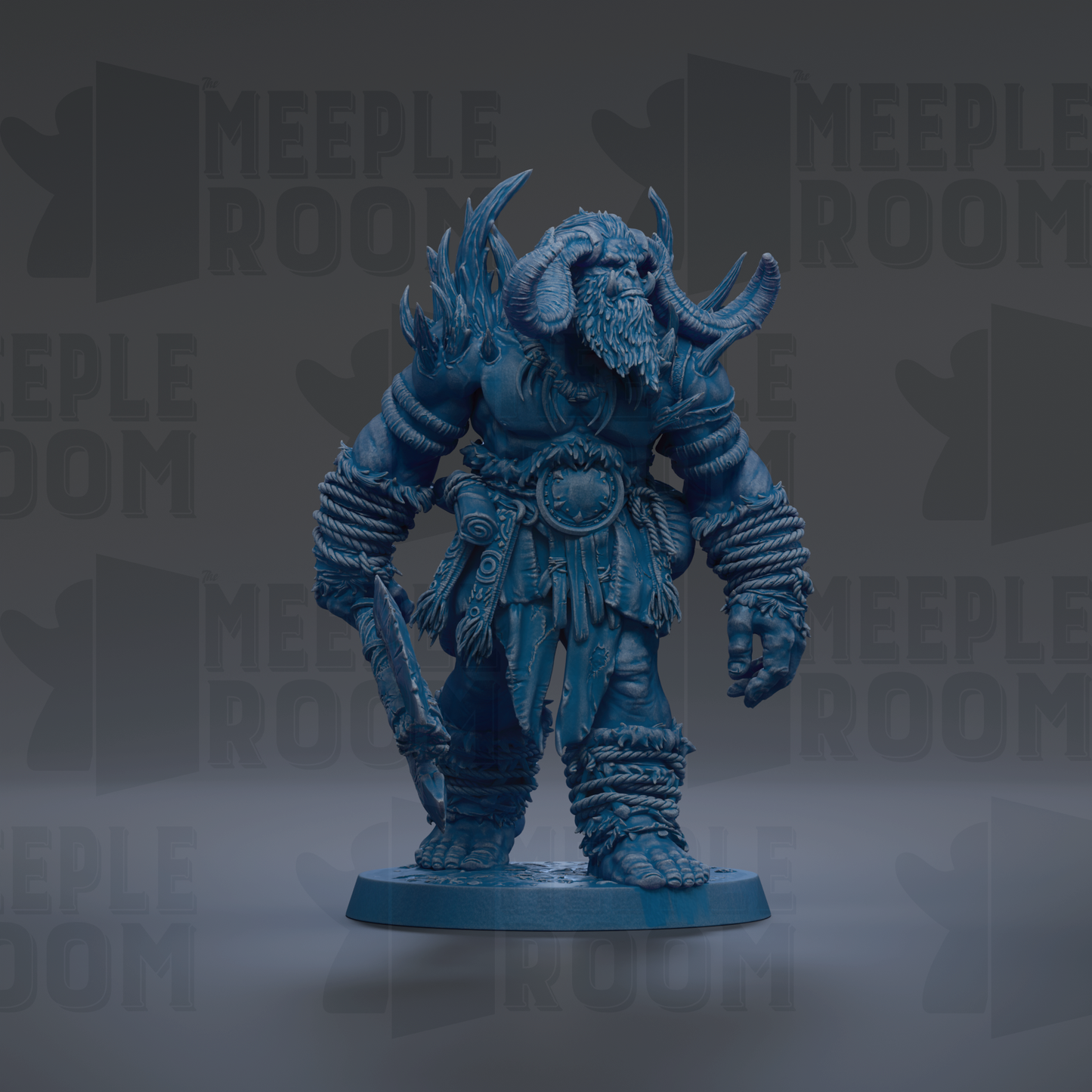 A blue, armored fantasy character with horns and a beard, standing on a base and holding a weapon.