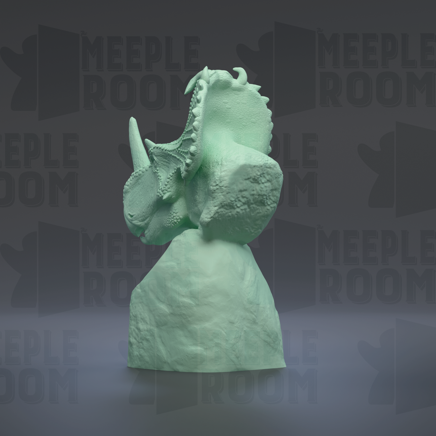 A green, 3D-rendered triceratops figurine is displayed against a dark background with repeated text.