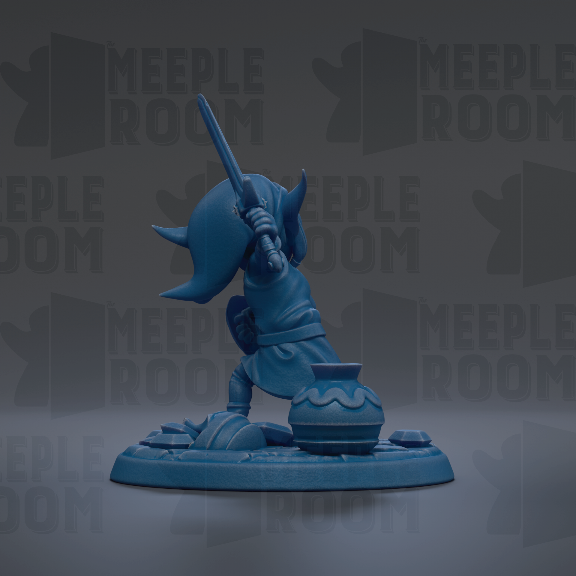 A blue figurine of a character holding a sword and standing on a platform.