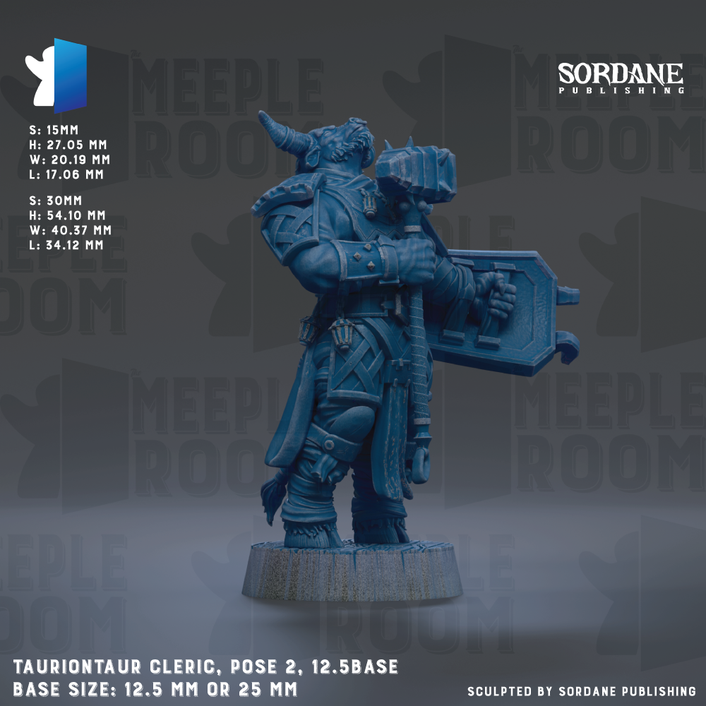 a detailed 3D rendering of a Taurionaur Cleric, a fantasy character from the video game series Taurion. The character is shown in a pose with a shield in one hand and a sword in the other, standing on a base that is described as 12.5 mm or 25 mm in size. The image is a collage of various images, and it is published by Sordane Publishing.