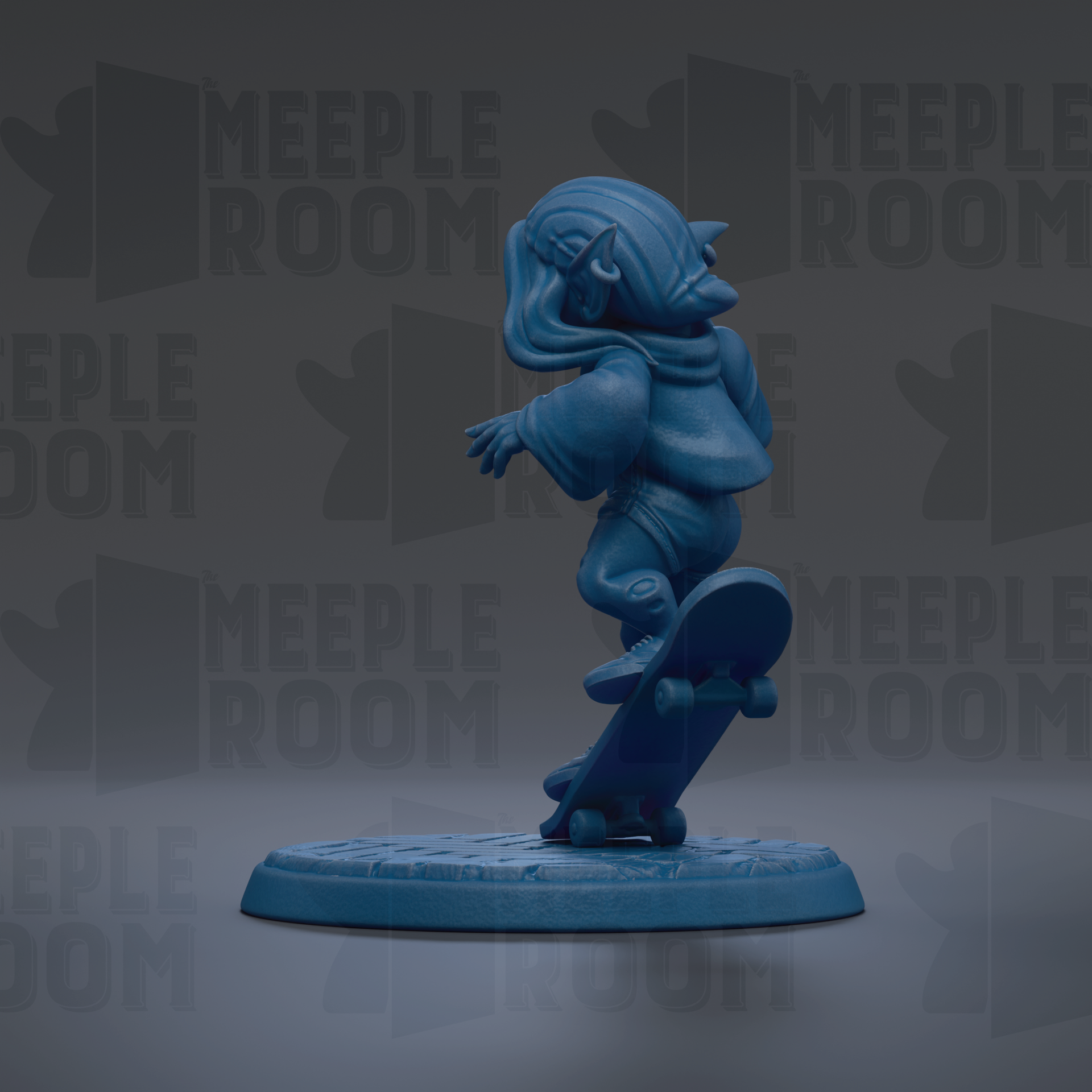 A blue figurine of a person riding a skateboard is shown against a dark background with repeated text.