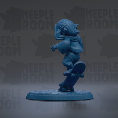 A blue figurine of a person riding a skateboard is shown against a dark background with repeated text.
