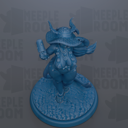 A blue figurine of a person holding a popsicle and wearing a hat with horns, standing on a blue base.