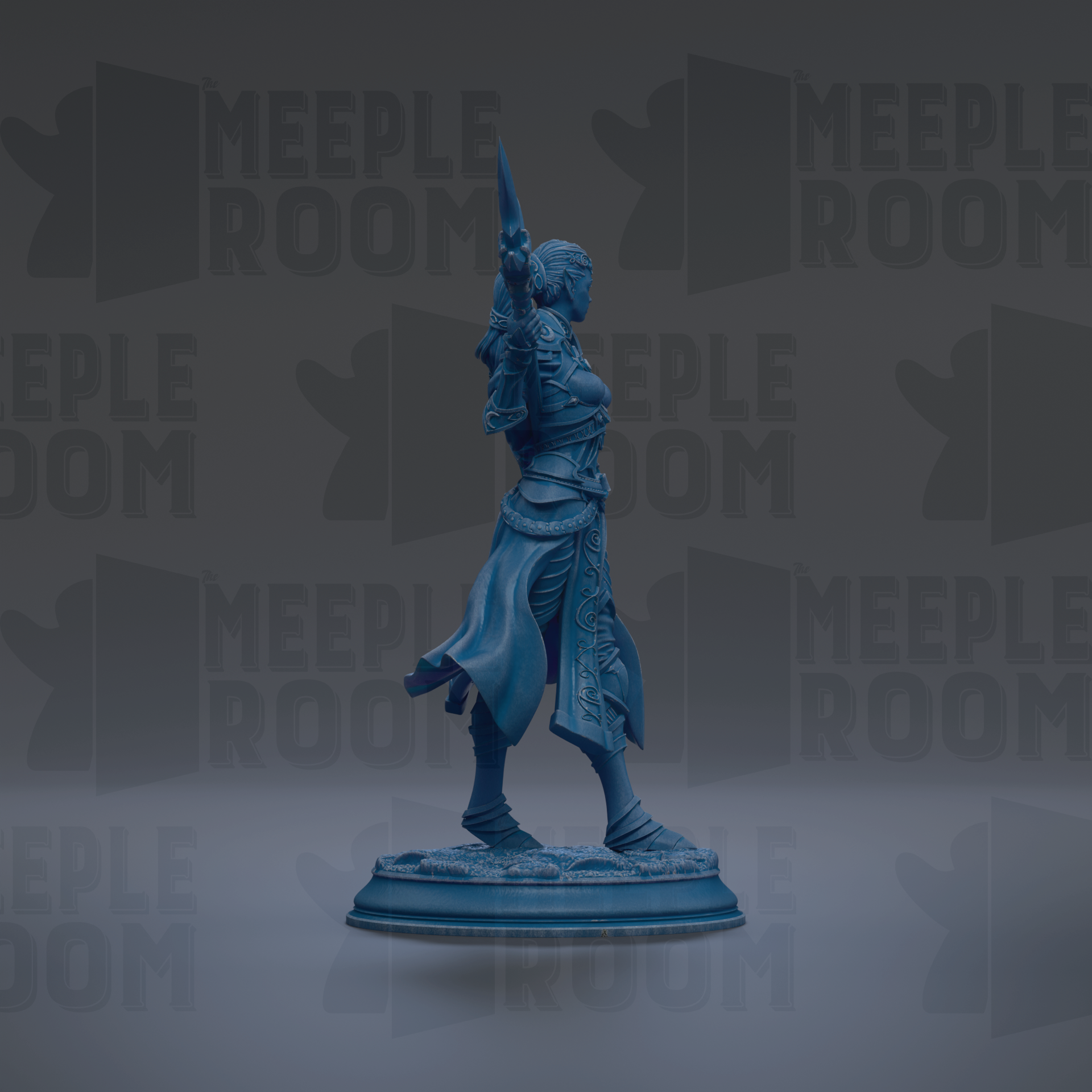 A blue statue of a warrior figure standing on a pedestal against a dark background with repeated text.
