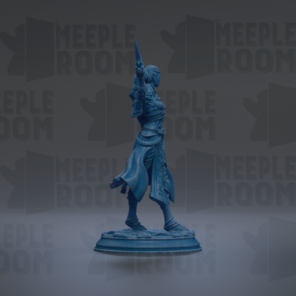A blue statue of a warrior figure standing on a pedestal against a dark background with repeated text.