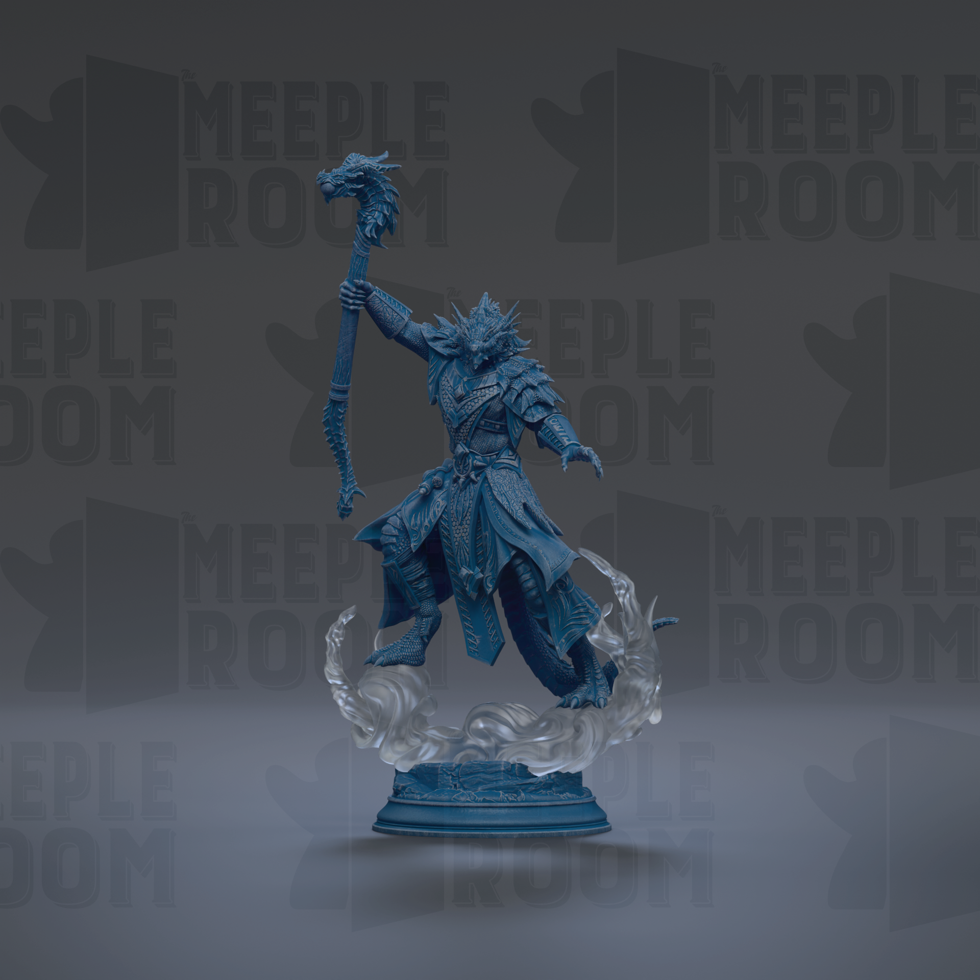 A blue figurine of a warrior-like character holding a staff and standing on a platform, with a dragon-like creature in the background.