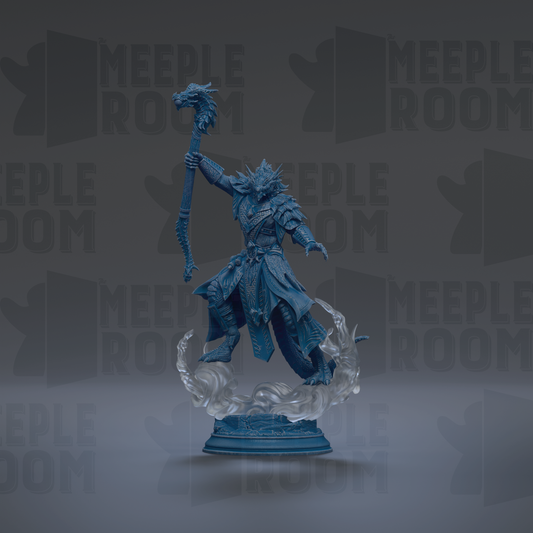 A blue figurine of a warrior-like character holding a staff and standing on a platform, with a dragon-like creature in the background.
