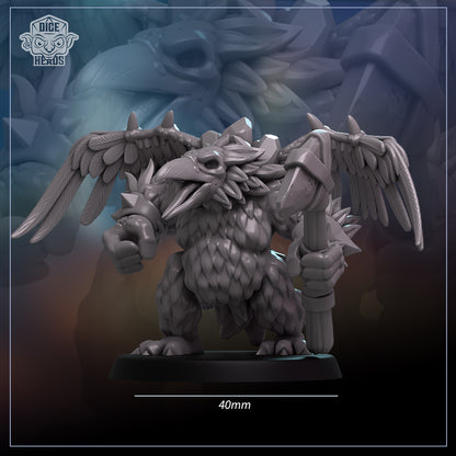 A detailed 3D rendering of a winged creature with sharp talons, standing on a base and holding a weapon.