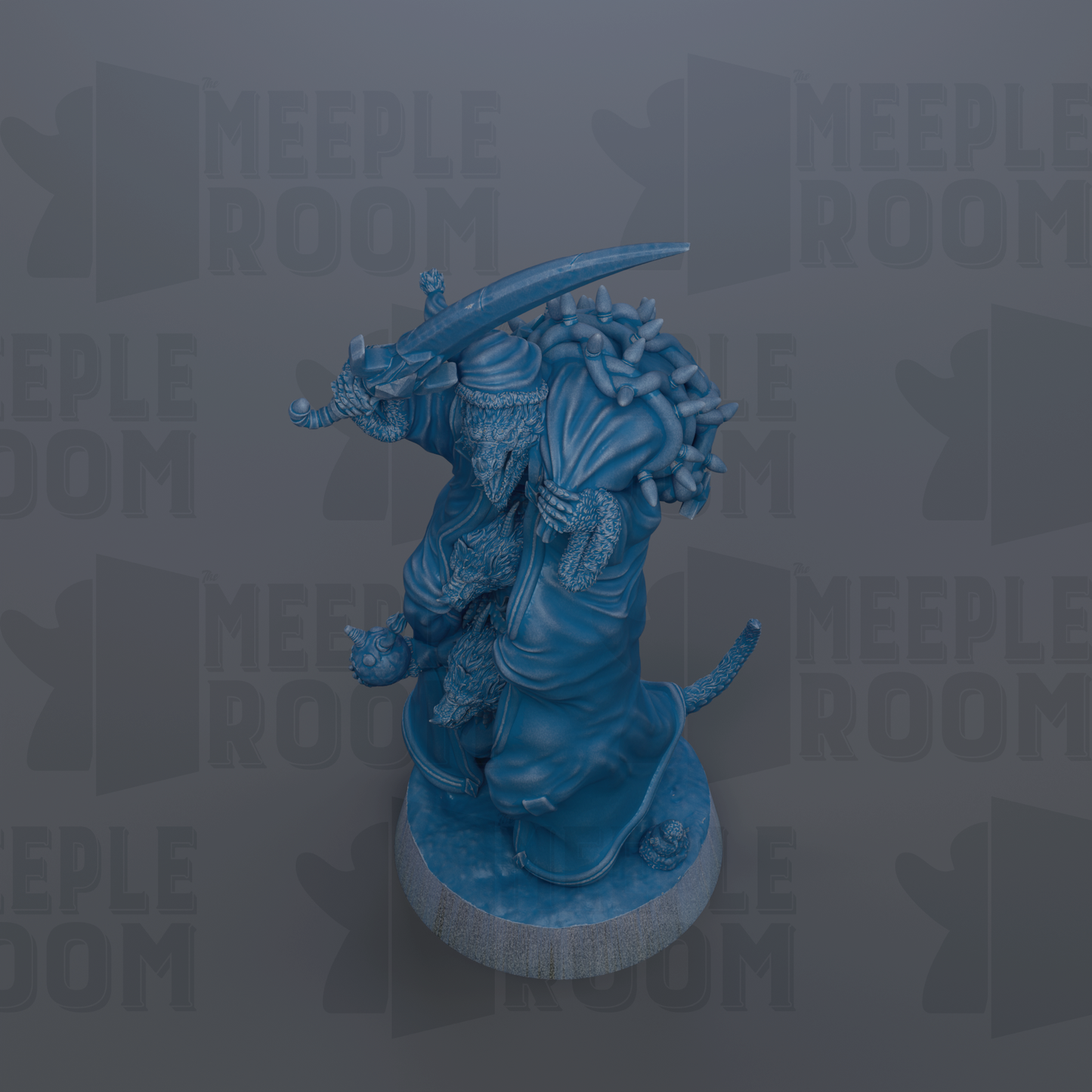 A blue figurine of a person holding a sword and a bag, standing on a base.