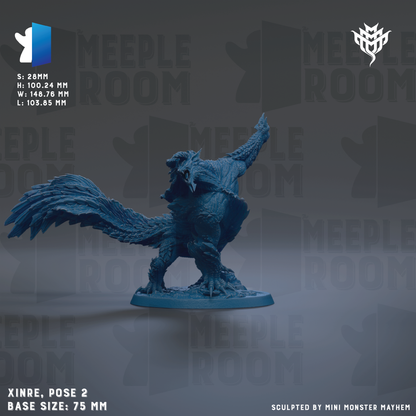 a blue figurine of a winged creature, possibly a mythical or fantastical creature, posed on a base. The figurine is described as having a base size of 75 millimeters and is sculpted by Mini Monster Mayhem.