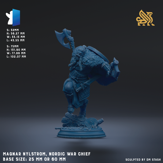 The image is a 3D rendering of a blue figurine depicting a Viking war chief, with the figure standing on a base and holding a shield. The figurine is described as a "Magnar Nylstrom, Nordic War Chief" and has a base size of either 25mm or 60mm. The image is a 3D rendering of the figurine, and it is not a collage of multiple images. The image does not contain any text, and the phrase "The image depicts" or "The image displays" is not present.