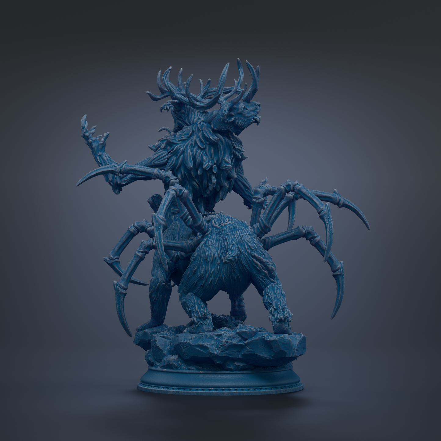 A detailed 3D rendering of a fantastical creature with multiple arms and legs, standing on a rock formation.
