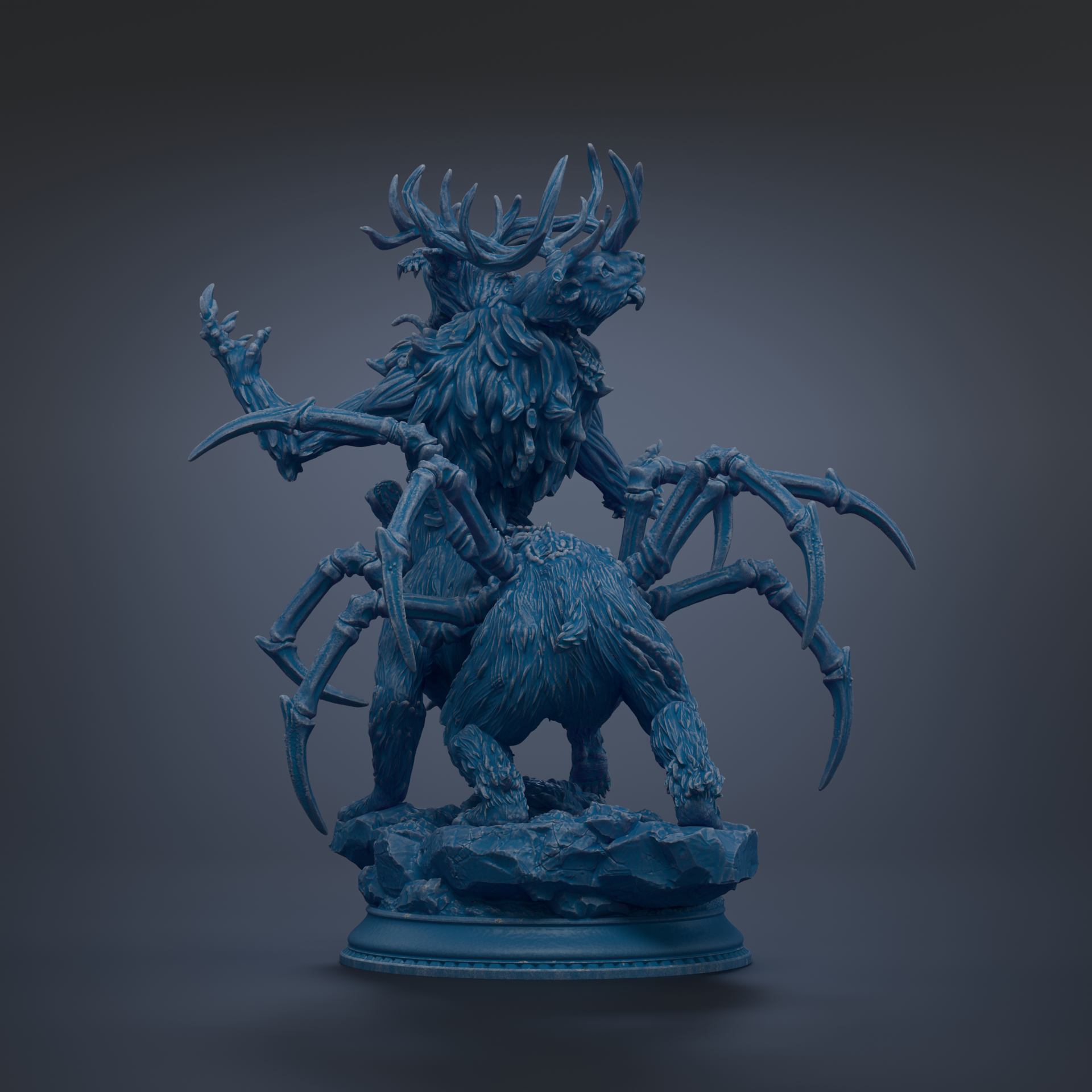 A detailed 3D rendering of a fantastical creature with multiple arms and legs, standing on a rock formation.