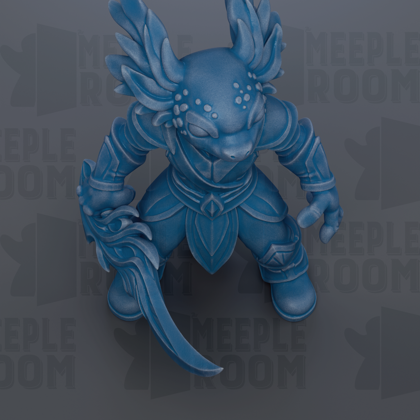 A blue, winged figurine with a sword in its hand, set against a dark background with repeated text.