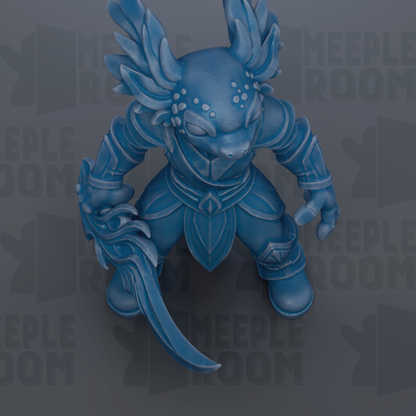 A blue, winged figurine with a sword in its hand, set against a dark background with repeated text.