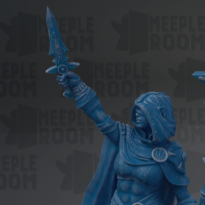 A blue statue of a warrior figure holding a sword and shield, with the text "MEEPLE ROOM" repeated in the background.