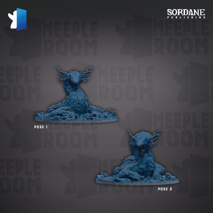 two blue figurines of a creature, possibly a monster or a dragon, posed on a platform. The figurines are set against a dark background with repeated text and logos, including the words "MEEPLE ROOM" and "SORDANE PUBLISHING".