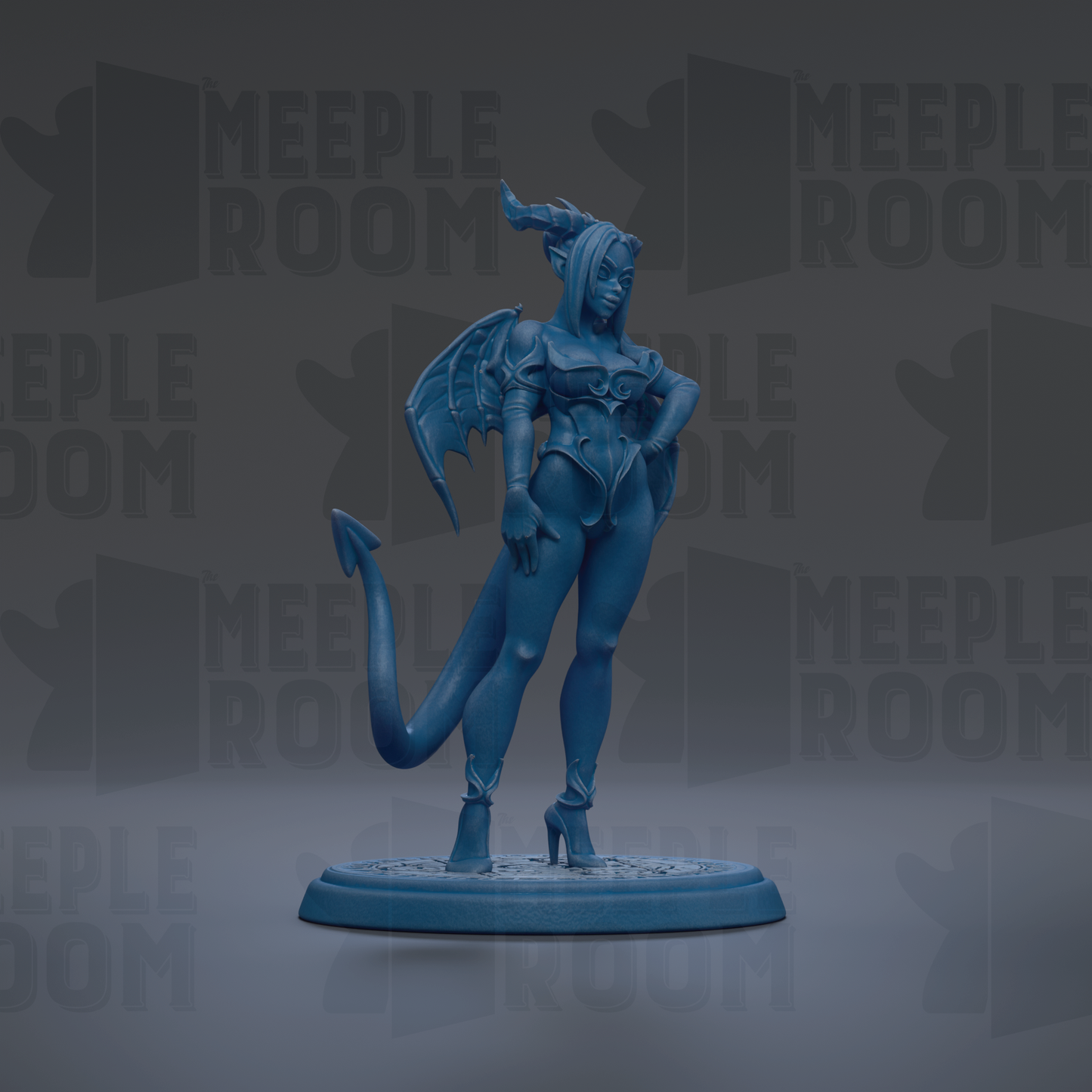 A blue figurine of a winged, winged creature with horns and a tail, standing on a blue base against a dark background with repeated text.